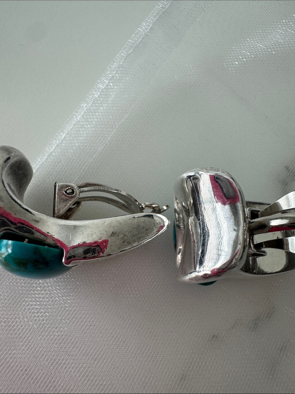 Silver Clip-on Earrings with Turquoise Cabochons - Women's Fashion Jewelry - Picture 8 of 10
